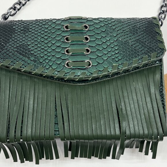 Animal Print Embossed W/ Fringe /Tassel Crossbody Bag - Boho Style - Green - NWT - Picture 10 of 11